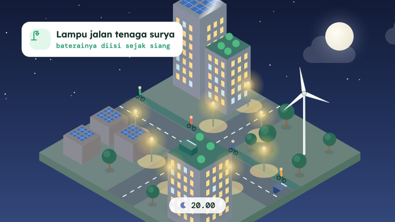Video Kota 2045 malam hari dengan lampu jalan tenaga surya