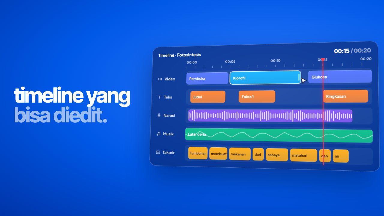 Frame dari video peluncuran Wanguna: timeline yang bisa diedit, berisi video, teks, narasi, musik, dan takarir